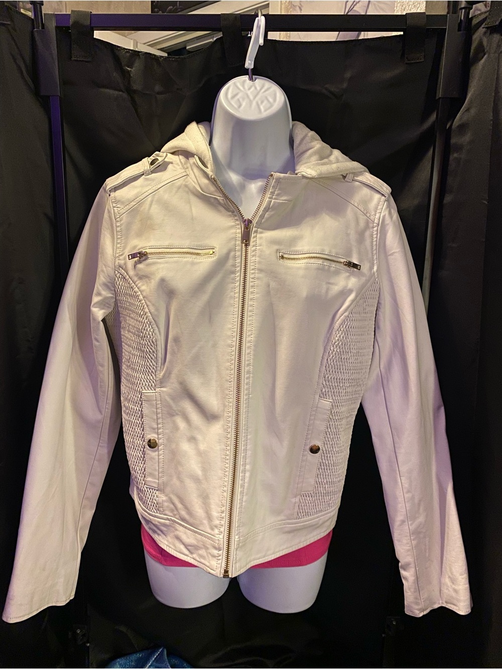 Guess White Hooded Zip Leather Jacket
